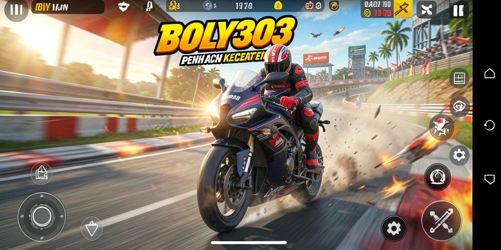 Tampilan gameplay mendebarkan dalam BOY303 dengan aksi balapan motor.
