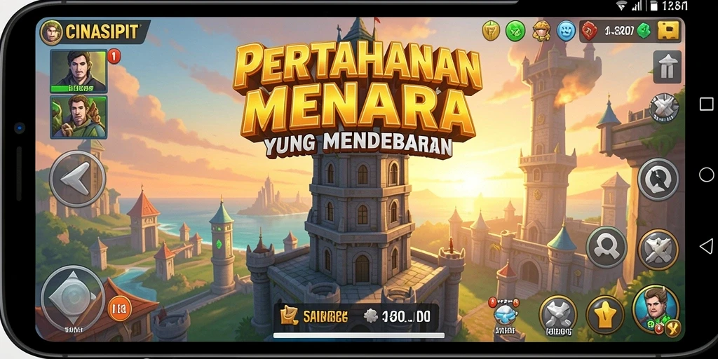 Tampilan gameplay CINASIPIT saat mempertahankan menara dari serangan musuh.