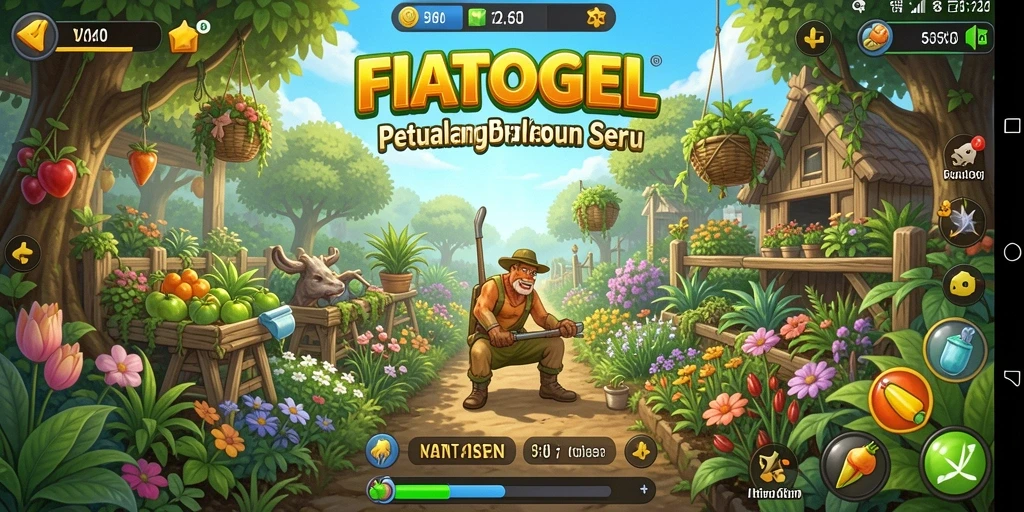 Tampilan gameplay FIATOGEL dengan kebun yang luas dan hewan lucu.