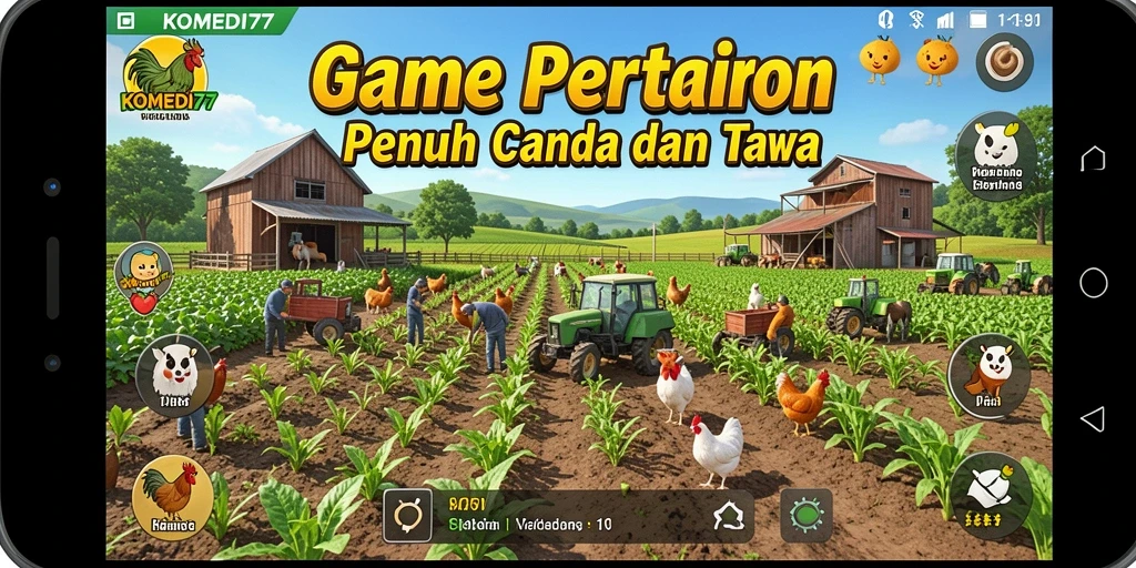 Screenshot gameplay <strong>KOMEDI77</strong> menampilkan petani lucu merawat ladang penuh warna.