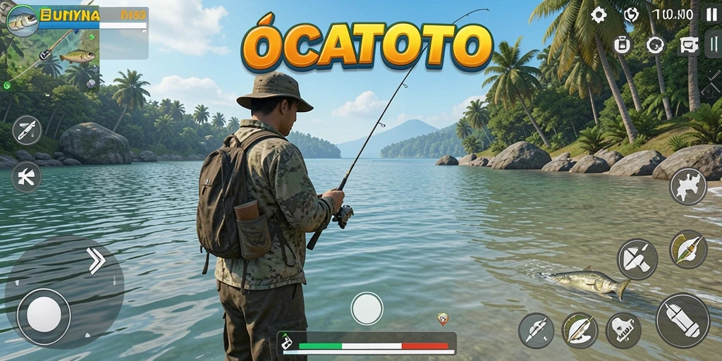 Screenshot utama OCATOTO menampilkan momen menangkap ikan yang seru.
