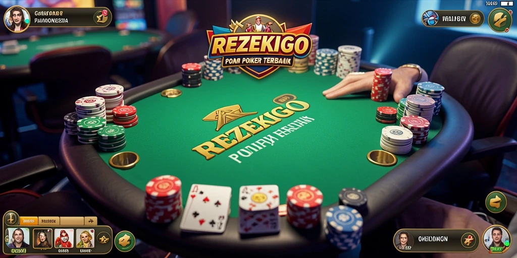 Screenshot gameplay utama REZEKIGO menampilkan keseruan permainan poker.